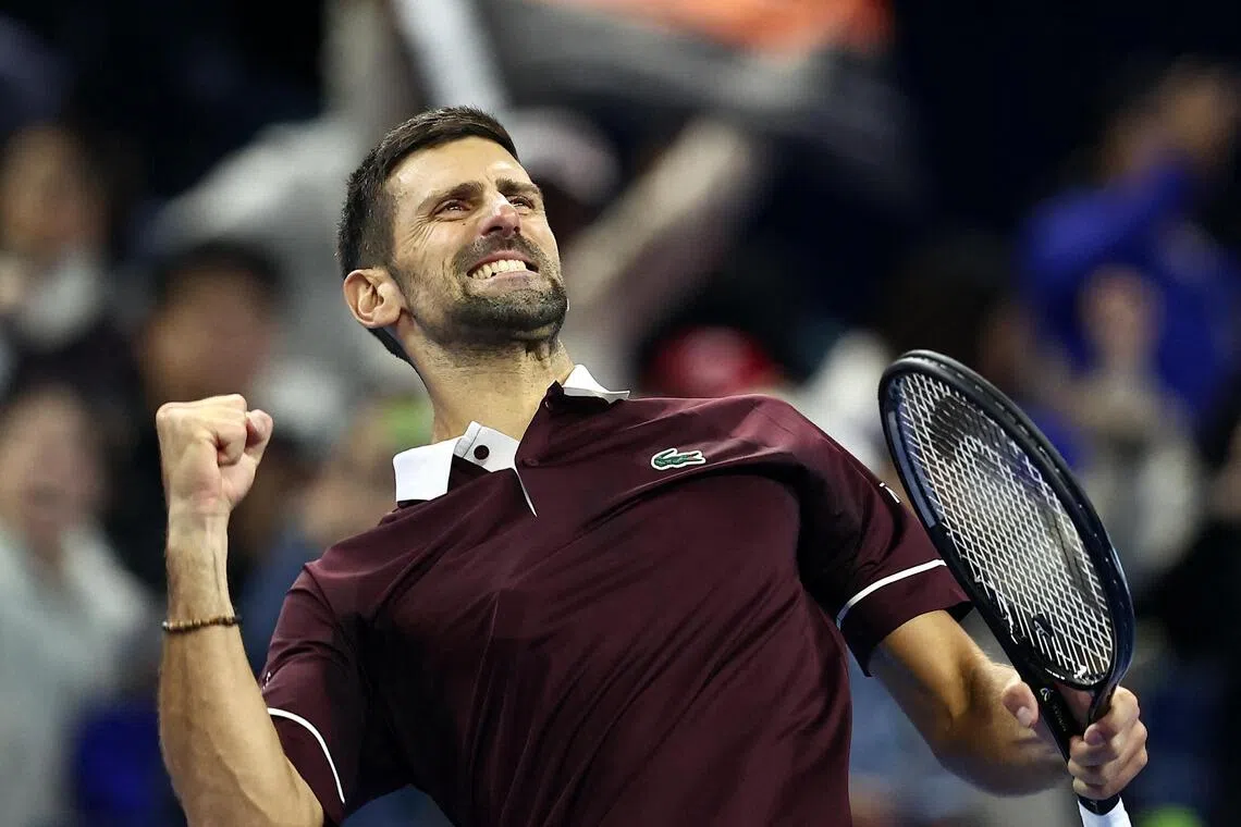Serbia’s Novak Djokovic celebrates winning his round of 16 match against China’s Bu Yunchaokete on Oct 2.