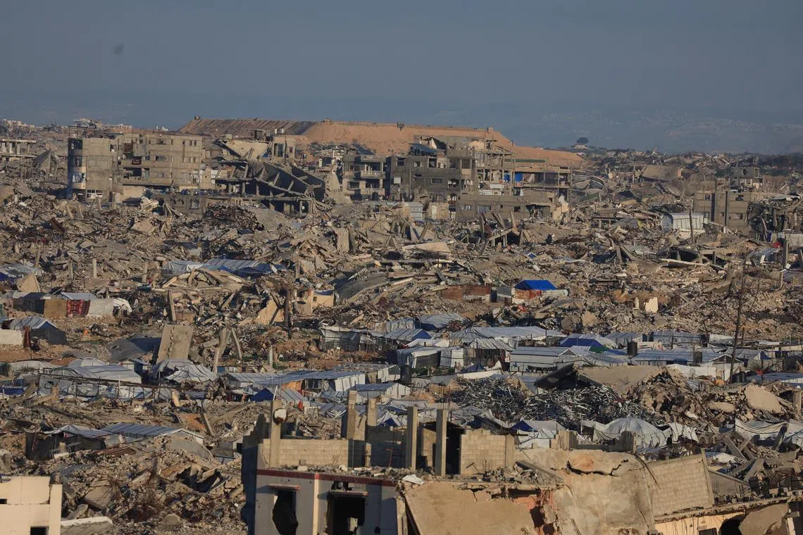A general view of destroyed houses in areas marked as 'Yellow Line' by the Israeli military, in east of Gaza City, January 16, 2026. REUTERS/Dawoud Abu Alkas