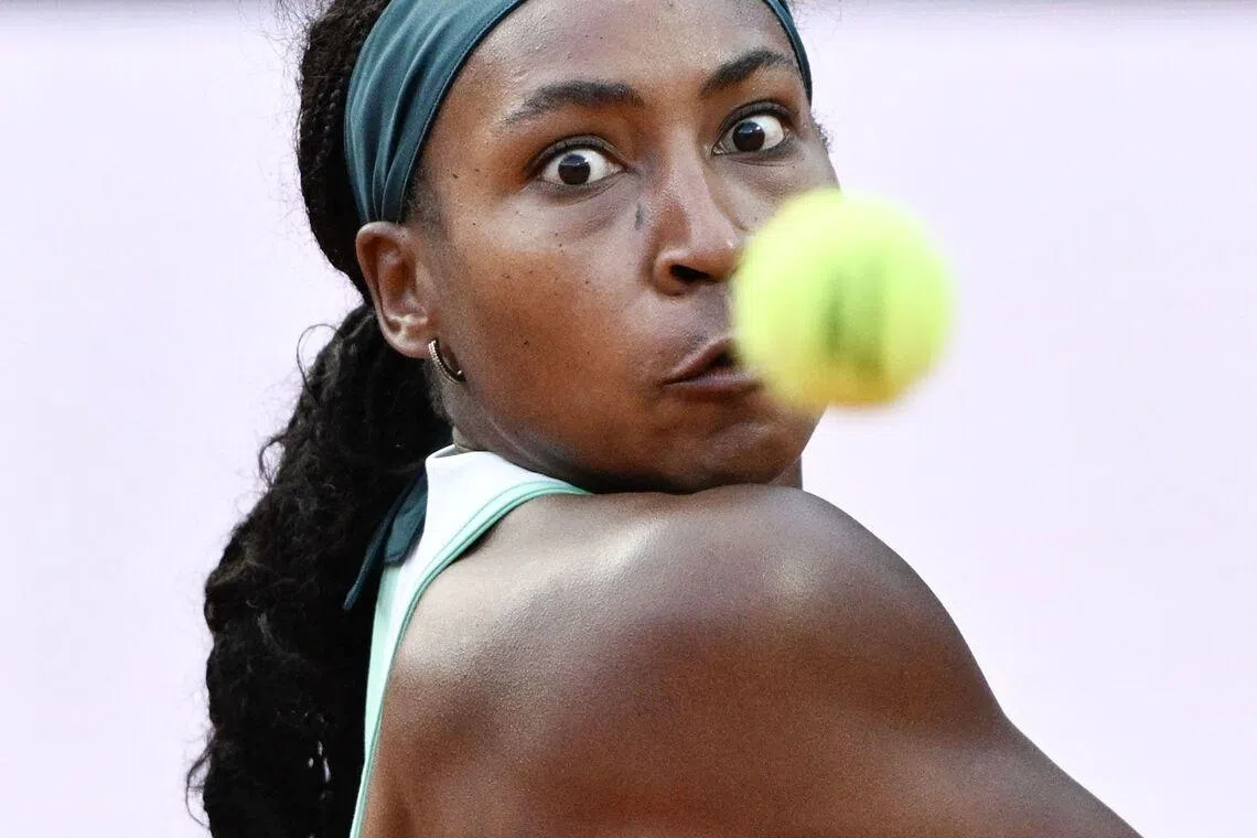USA's Coco Gauff hitting a return to Russia's Mirra Andreeva during the ATP Rome Open tennis tournament at Foro Italico in Rome, Italy on May 12, 2026. 