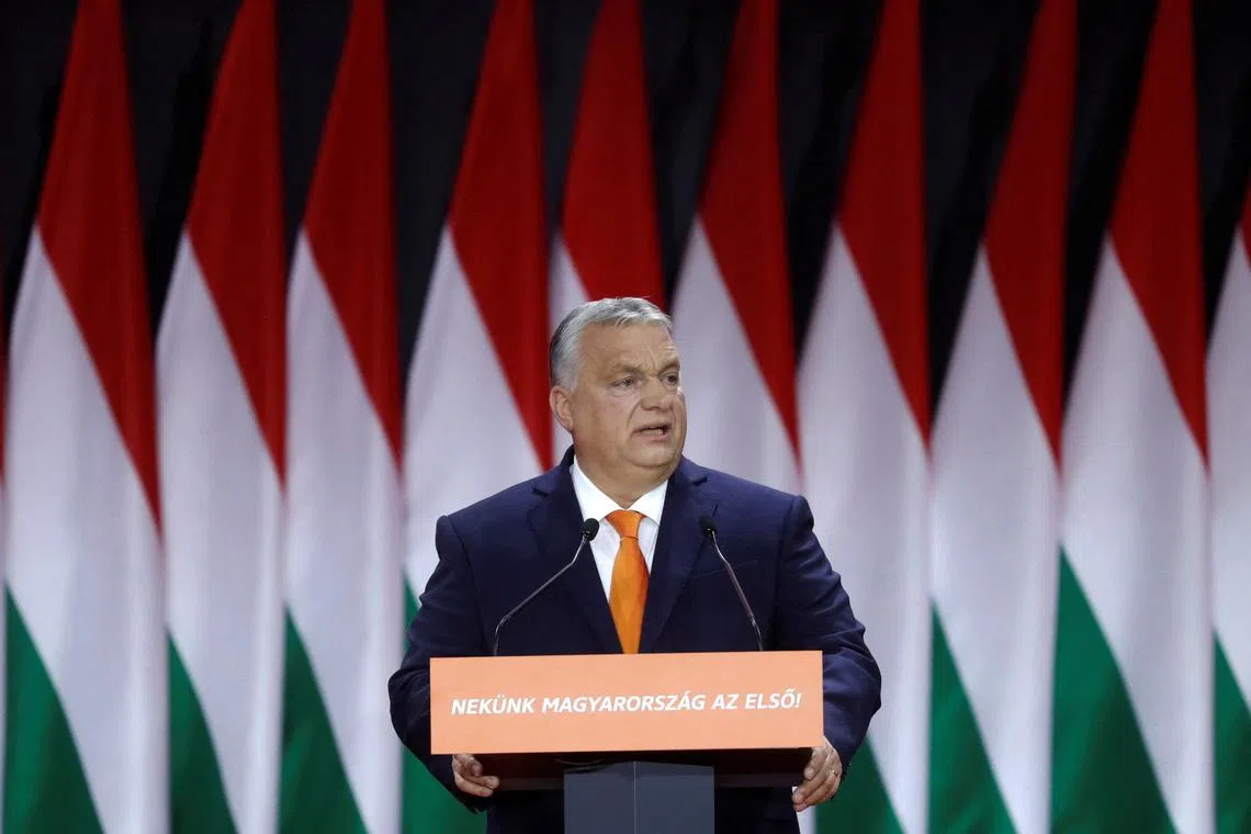 Hungarian Prime Minister Viktor Orban delivers a speech during the Fidesz party congress in Budapest, Hungary, November 18, 2023. REUTERS/Bernadett Szabo/File Photo