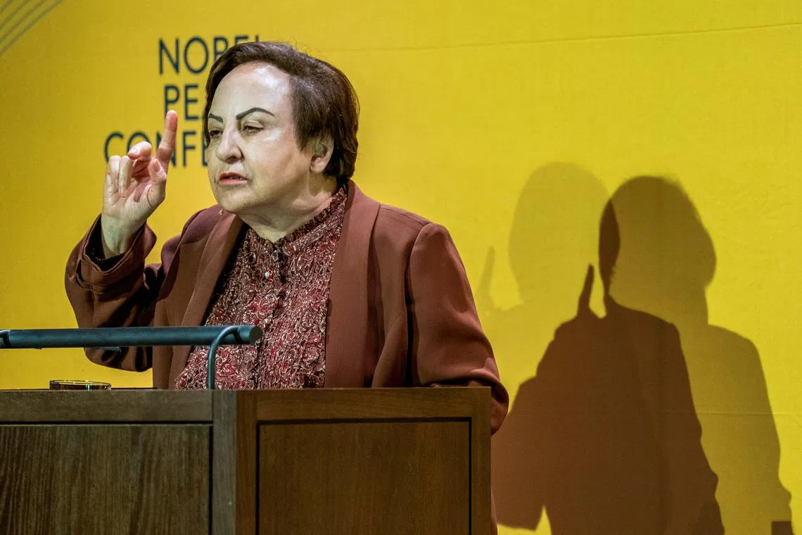 FILE PHOTO: Lawyer and human rights activist Shirin Ebadi from Iran, participates in the conference \"Human Rights Heroes\" at the National Museum, which is part of the Nobel Peace Center's international peace conference, in Oslo, Norway August 31, 2023. NTB/Fredrik Varfjell/via REUTERS/File photo