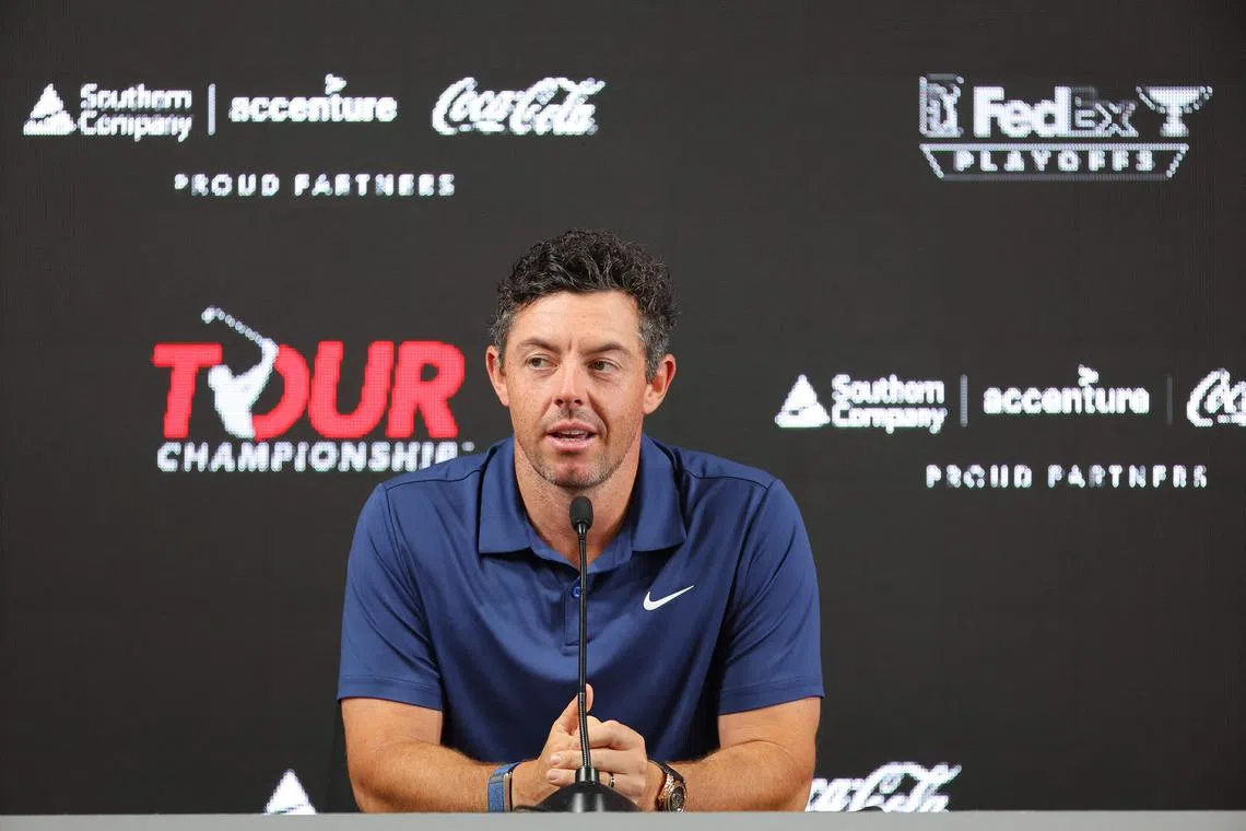 ATLANTA, GEORGIA - AUGUST 23: Rory McIlroy of Northern Ireland speaks to the media prior to the TOUR Championship at East Lake Golf Club on August 23, 2023 in Atlanta, Georgia.   Kevin C. Cox/Getty Images/AFP (Photo by Kevin C. Cox / GETTY IMAGES NORTH AMERICA / Getty Images via AFP)