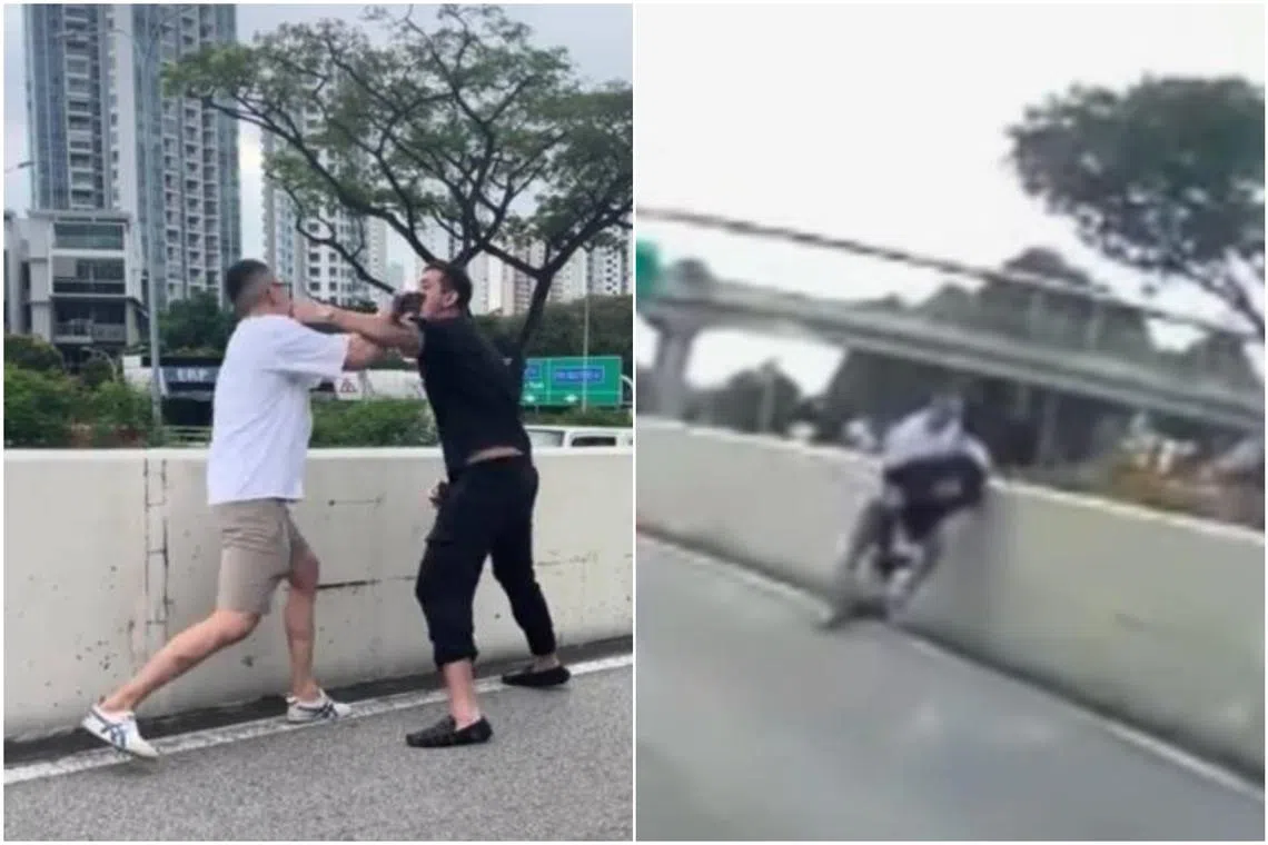 In footage of the scuffle published on Stomp, the two men are seen exchanging words on a road before coming to blows.