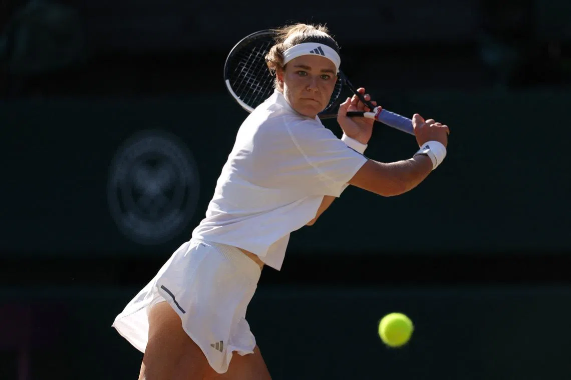 Tennis - Wimbledon - All England Lawn Tennis and Croquet Club, London, Britain - July 11, 2026 Czech Republic's Karolina Muchova in action during her final match against Czech Republic's Linda Noskova REUTERS/Marko Djurica