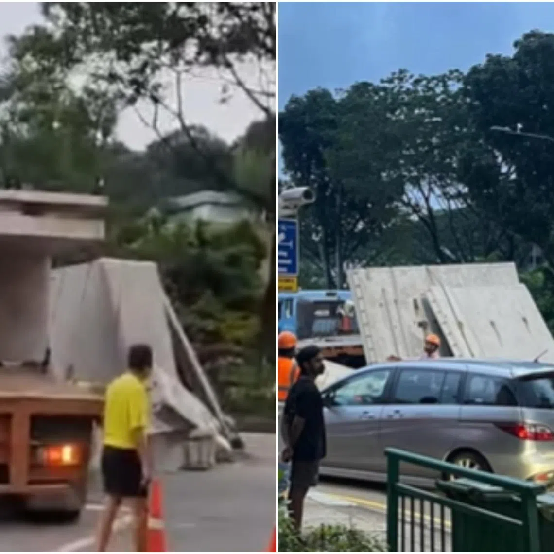 Several concrete slabs fell off a trailer, resulting in the three-lane road being cordoned off.