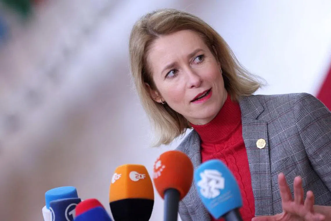 FILE PHOTO: Estonian Prime Minister Kaja Kallas speaks to the press as she attends a European Union summit in Brussels, Belgium February 1, 2024. REUTERS/Johanna Geron/File Photo