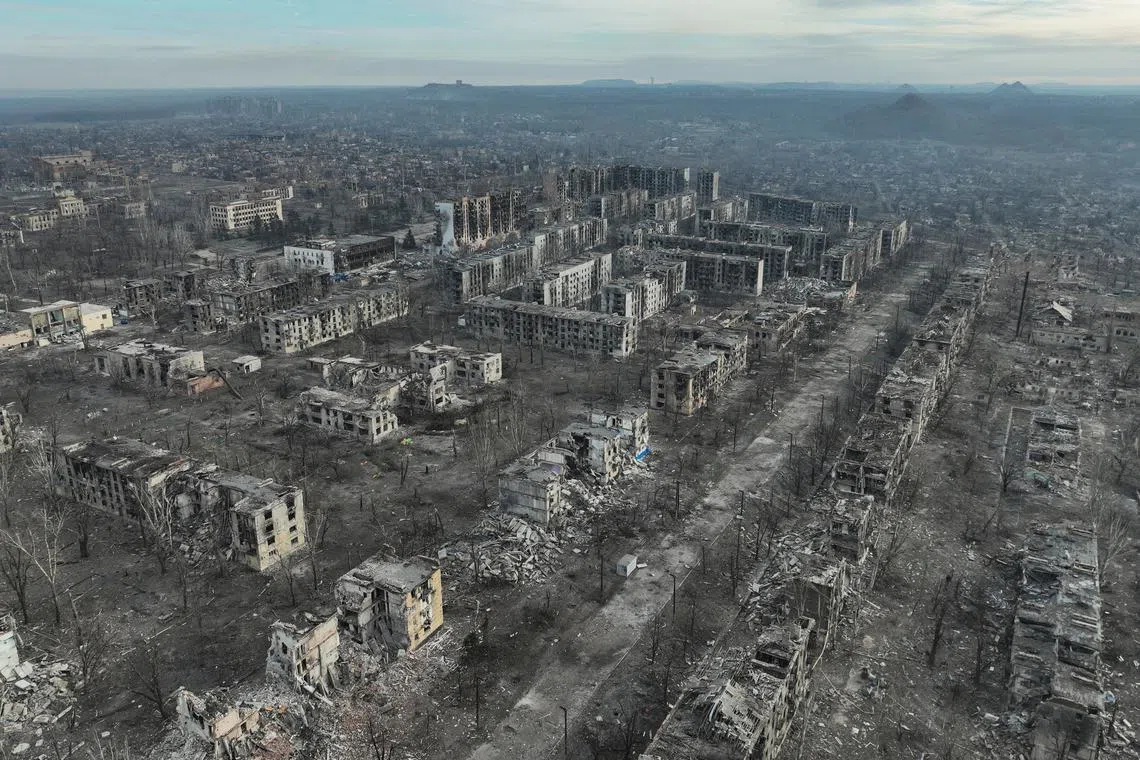 A drone view shows residential and administrative buildings damaged and destroyed by continued Russian military strikes, amid Russia's attack on Ukraine,  in the town of Toretsk, Donetsk region, Ukraine December 19, 2024. Сonsolidated Brigade 'Khyzhak' of the Ukrainian Patrol Police Department/Handout via REUTERS