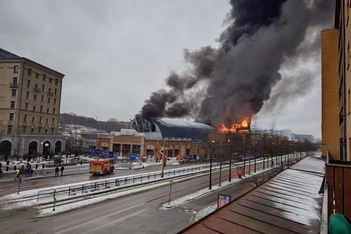 Smoke rises from a fire that broke out at Liseberg amusement park in Gothenburg, Sweden, February 12, 2024, in this social media image. Richard Mellqvist/via REUTERS THIS IMAGE HAS BEEN SUPPLIED BY A THIRD PARTY. NO RESALES. NO ARCHIVES. MANDATORY CREDIT