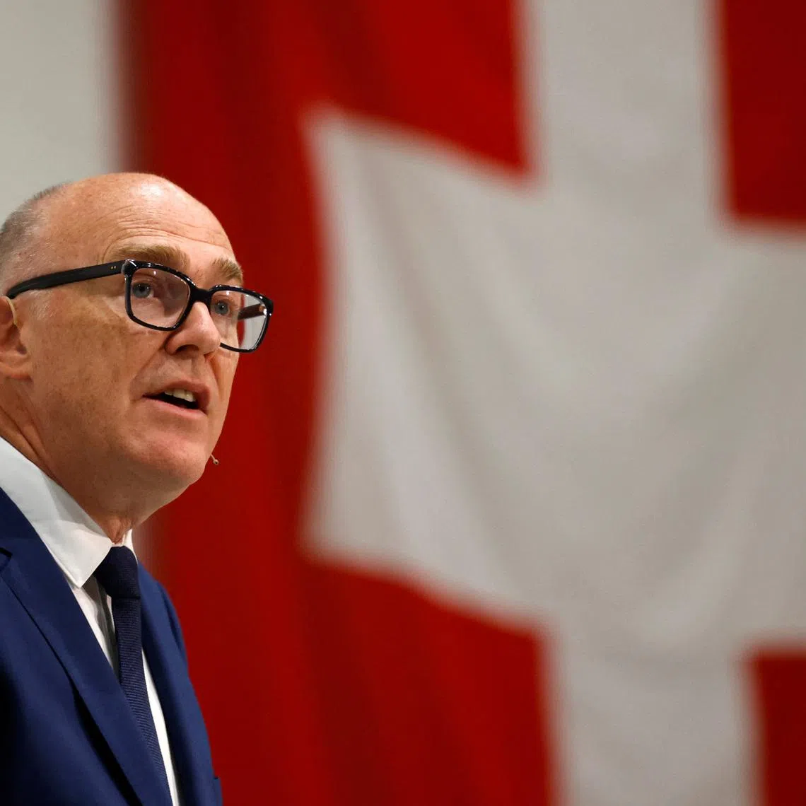 Swiss Federal Councillor Martin Pfister speaks during a press conference as he visits Swiss army troops in Bure, Switzerland May 26, 2025. REUTERS/Stefan Wermuth