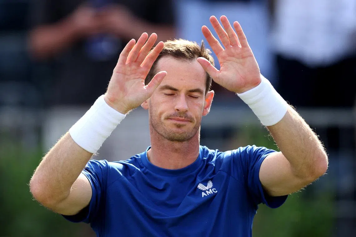 Tennis - Queen's Club Championships - The Queen's Club, London, Britain - June 19, 2024 Britain's Andy Murray salutes the spectators after retiring due to injury in his men's singles second match against Australia's Jordan Thompson Action Images via Reuters/Paul Childs