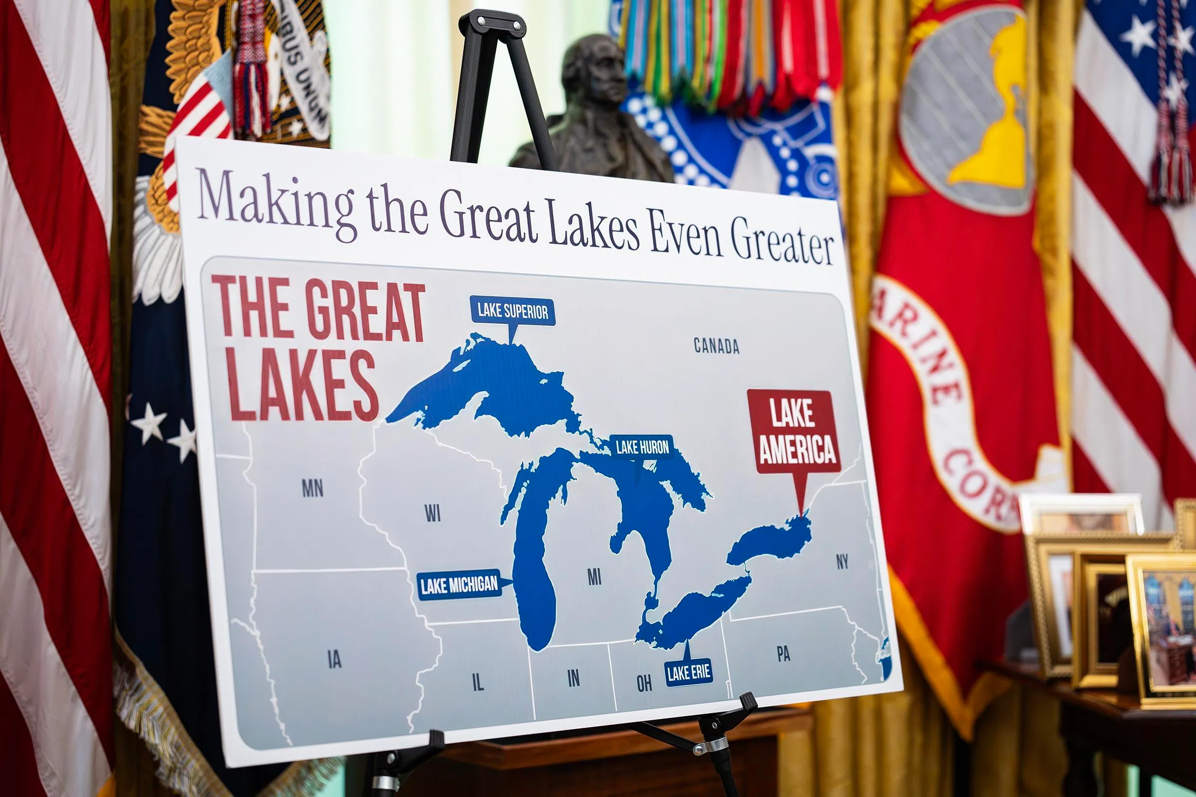 A poster showing the name change from Lake Ontario to Lake America, in the Oval Office of the White House on Aug 27.