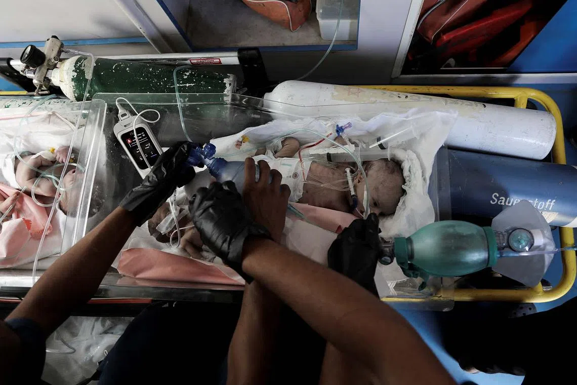 Palestinian premature babies being evacuated from Al-Aqsa Hospital to Khan Younis' Nasser hospital, following Israeli evacuation orders for areas around Al-Aqsa hospital, amid the Israel-Hamas conflict, in Deir Al-Balah in the central Gaza Strip, Aug 26, 2024. 