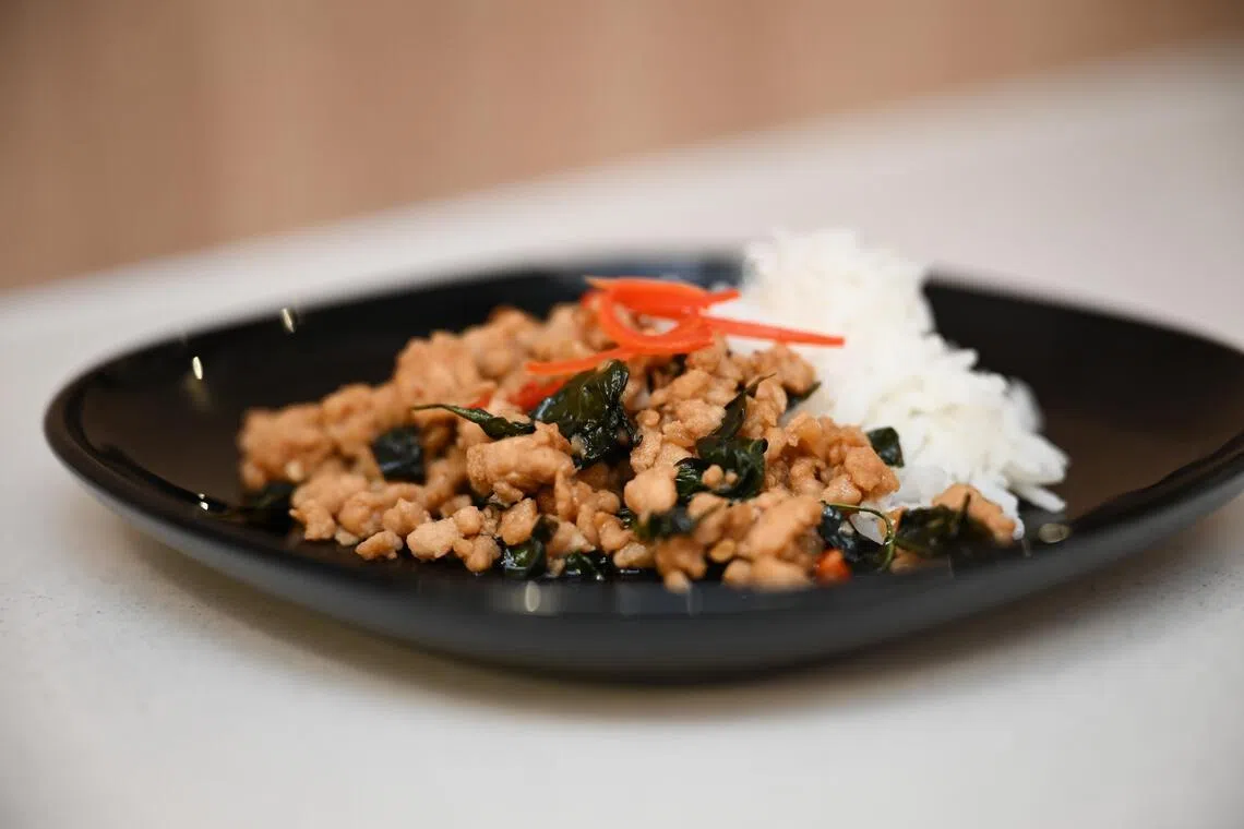 Q Protein’s minced chicken, cooked Thai basil-style.