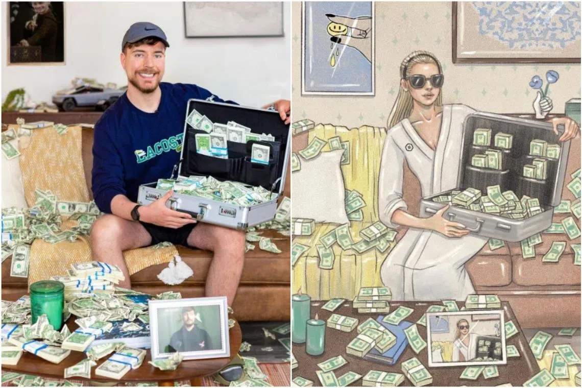 MrBeast's original post about the giveaway, and Ms Sheryl Tan's illustration of herself in the same pose.