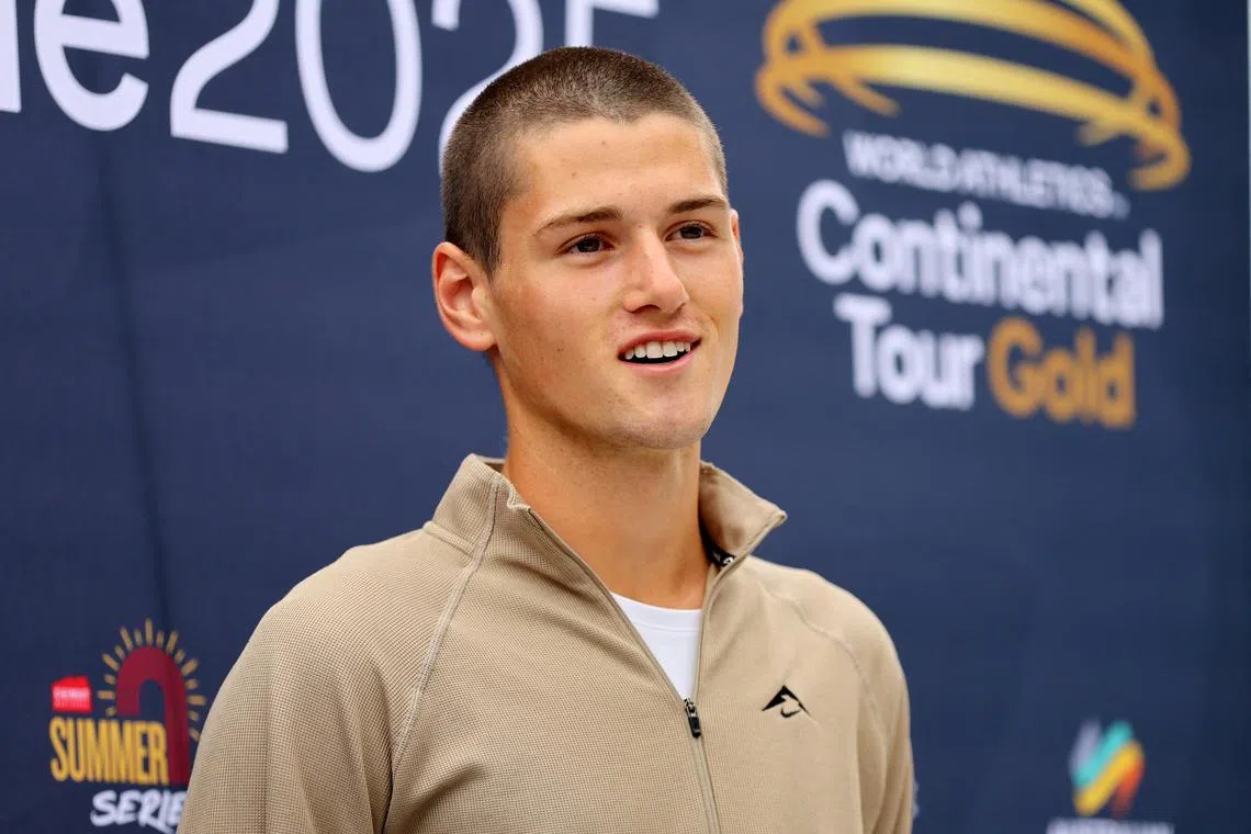 World Athletics U20 Championships silver medallist Cameron Myers speaks to the media during a media opportunity at the Lakeside Stadium in Melbourne, Victoria, Australia, March 26, 2025. AAP/Con Chronis via REUTERS