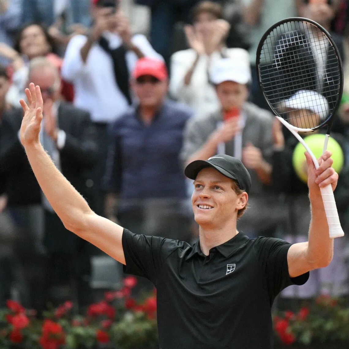 Jannik Sinner celebrates after winning the semi-final against Russia's Daniil Medvedev at the ATP Rome Open tennis tournament at Foro Italico in Rome on May 16, 2026. 