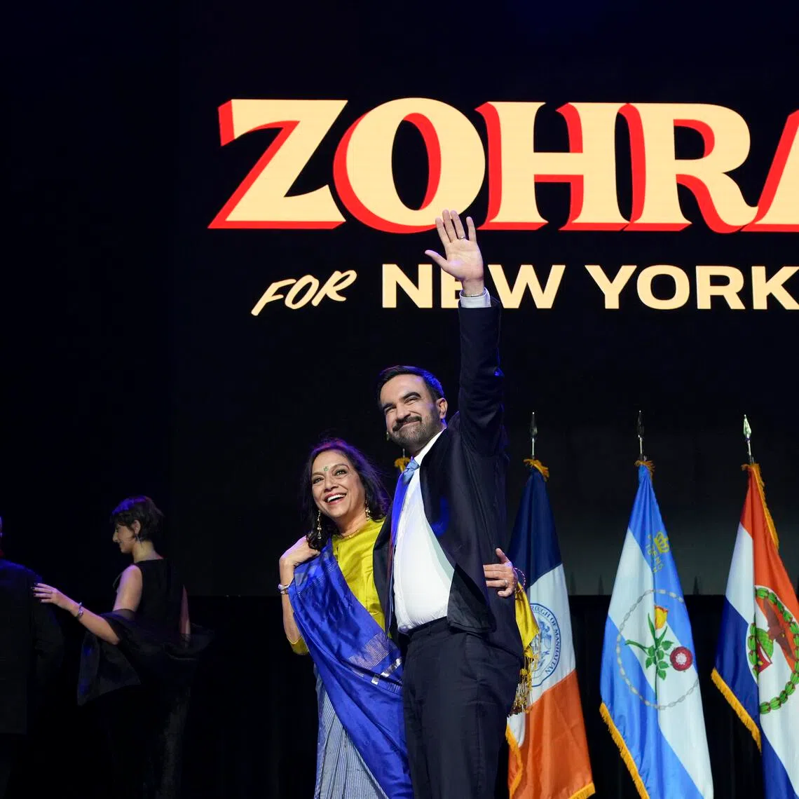 Zohran Mamdani with his mother Mira Nair. A Hindi film song played at the end of his speech, a nod to his Indian roots.