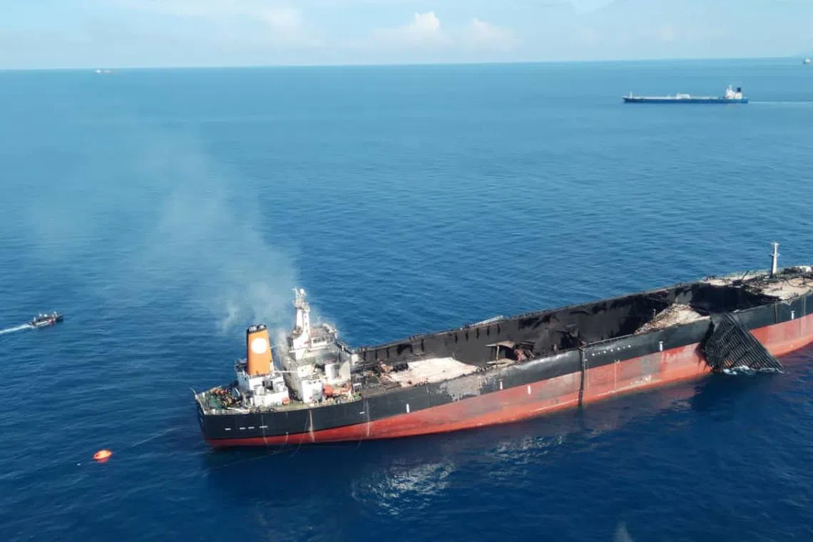 The Gabon-registered tanker was headed to Singapore from China when it caught fire. 