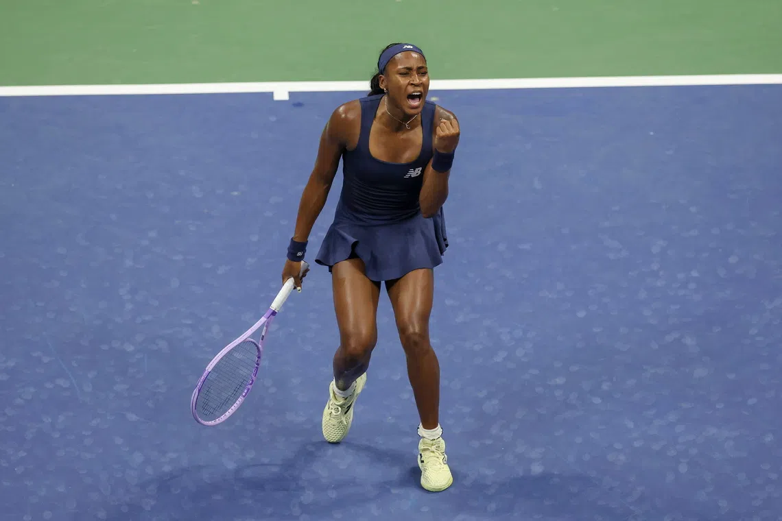 epa13205753 Coco Gauff of the USA reats while in action against Zeynep Sonmez of Turkey during their Women’s Singles round one mathc of the US Open Tennis Championships in Flushing Meadows, New York, USA, 01 September 2026.  EPA/BRIAN HIRSCHFELD