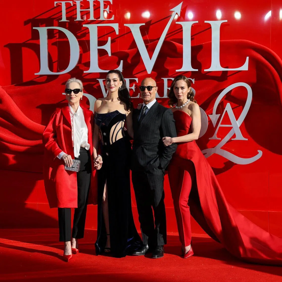 (From left) Meryl Streep, Anne Hathaway, Stanley Tucci and Emily Blunt at The Devil Wears Prada 2 premiere in London on April 22, 2026. 