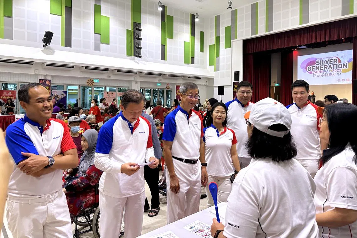 (From left) Aljunied grassroots adviser Shamsul Kamar; Hougang grassroots adviser Lee Hong Chuang; former Cabinet minister Lim Boon Heng, who has been advising the PAP’s Aljunied team; Aljunied grassroots adviser Chan Hui Yuh; Aljunied grassroots adviser Chua Eng Leong; and Aljunied grassroots adviser Alex Yeo at an event in Kaki Bukit Community Club on Nov 5.