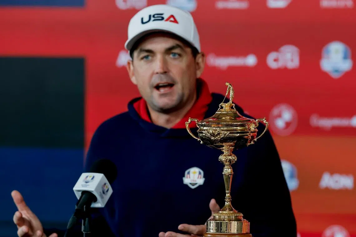 US captain Keegan Bradley speaks to the news media before the 2025 Ryder Cup.