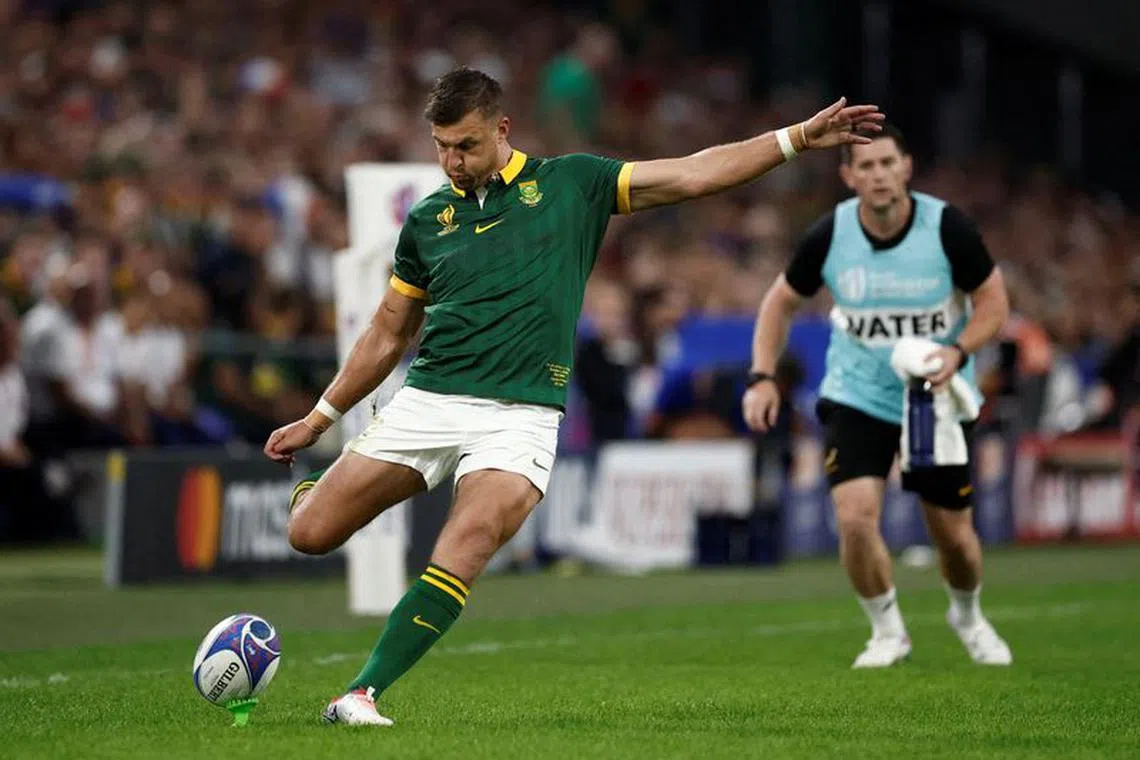 FILE PHOTO: Rugby Union - Rugby World Cup 2023 - Pool B - South Africa v Tonga - Orange Velodrome, Marseille, France - October 1, 2023 South Africa's Handre Pollard kicks a conversion REUTERS/Benoit Tessier/File Photo
