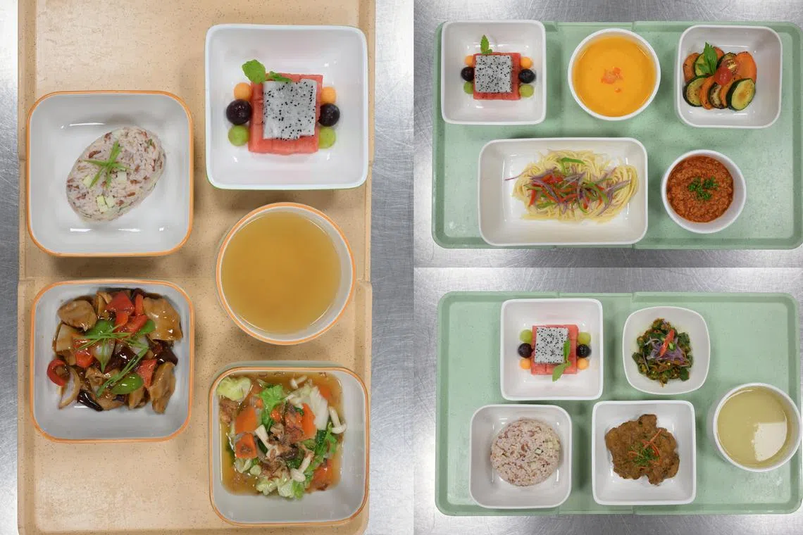 Alexandra Hospital has started offering plant-based options such as (clockwise from left) kung pao chicken, spaghetti bolognese and rendang on their inpatient menu since August 2023.