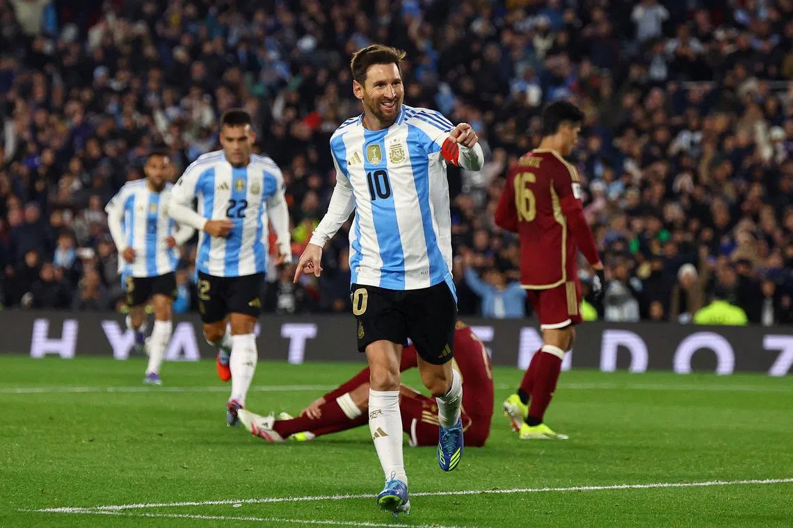 Soccer Football - World Cup - CONMEBOL Qualifiers - Argentina v Venezuela - Estadio Monumental, Buenos Aires, Argentina - September 4, 2025 Argentina's Lionel Messi celebrates scoring their third goal REUTERS/Agustin Marcarian