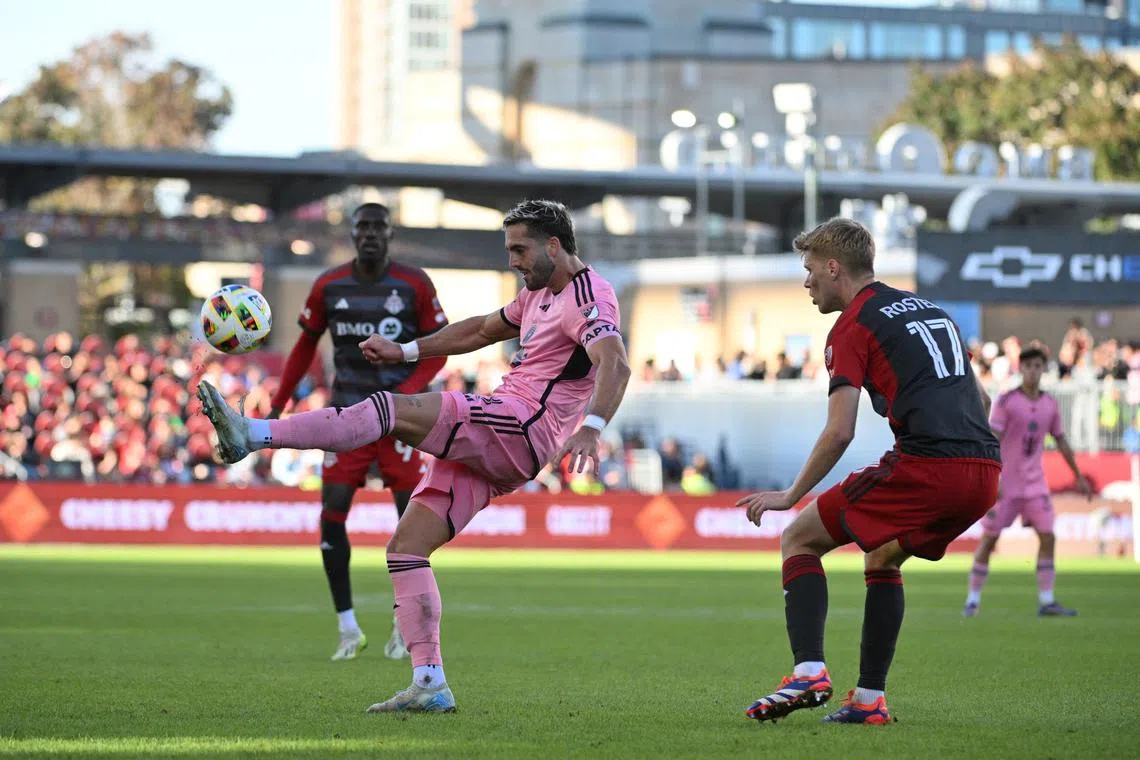 Oct 5, 2024; Toronto, Ontario, CAN; Inter Miami CF forward Leonardo Campana (8) play the ball defended by Toronto FC defender Sigurd Rosted (17) in the second half at BMO Field. Dan Hamilton-Imagn Images/File Photo