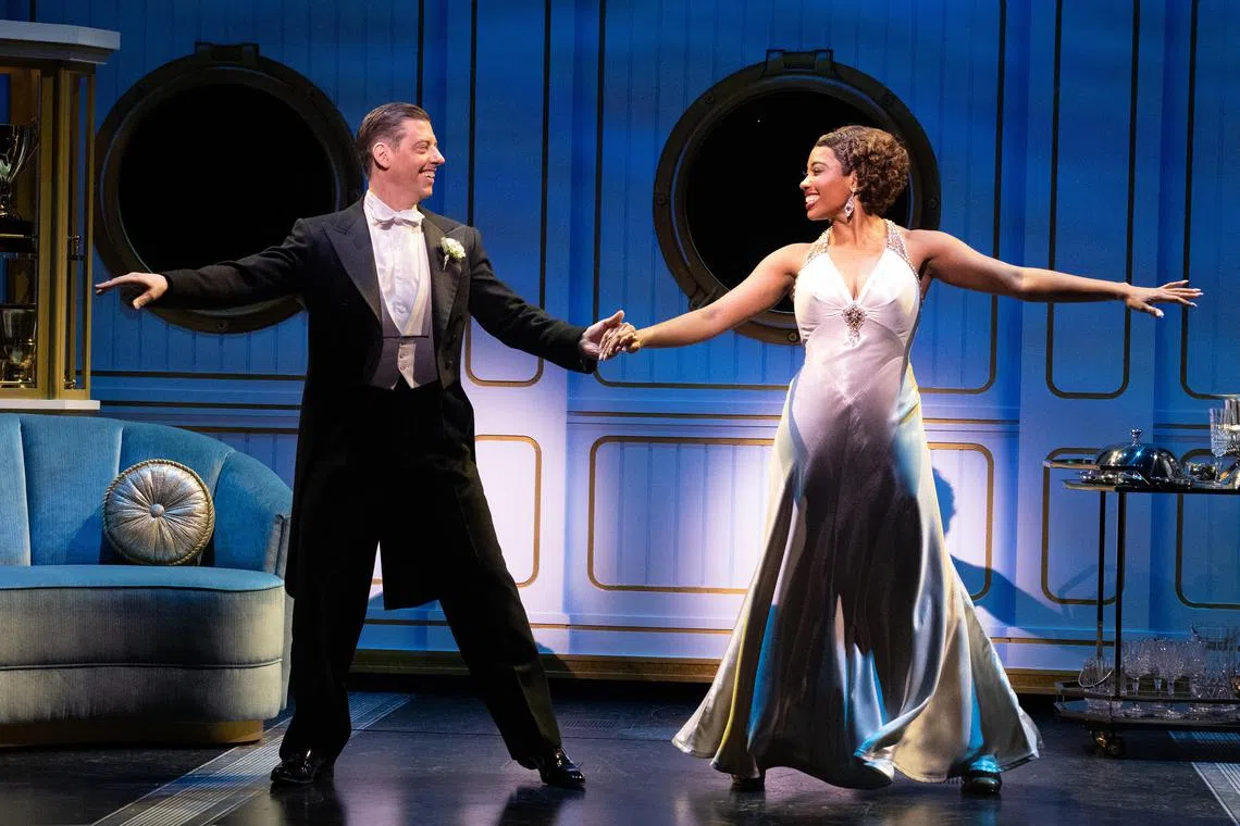 FILE — Christian Borle, left, and Adrianna Hicks in the musical “Some Like It Hot” at the Shubert Theater in New York, Jan. 27, 2023. For the 2023 Tony Awards, “Some Like It Hot” scored 13 nominations, the most of any show — but it faces stiff competition in the race for best new musical: “& Juliet,” “New York, New York,” and “Shucked” each picked up nine nods, and “Kimberly Akimbo,” a critical favorite, picked up eight. (Sara Krulwich/The New York Times)