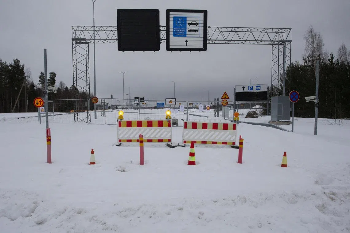 Barriers are placed at the closed Vaalimaa border check point between Finland and Russia in Virolahti, Finland, January 14, 2024. Lehtikuva/Lauri Heino/via REUTERS/File Photo