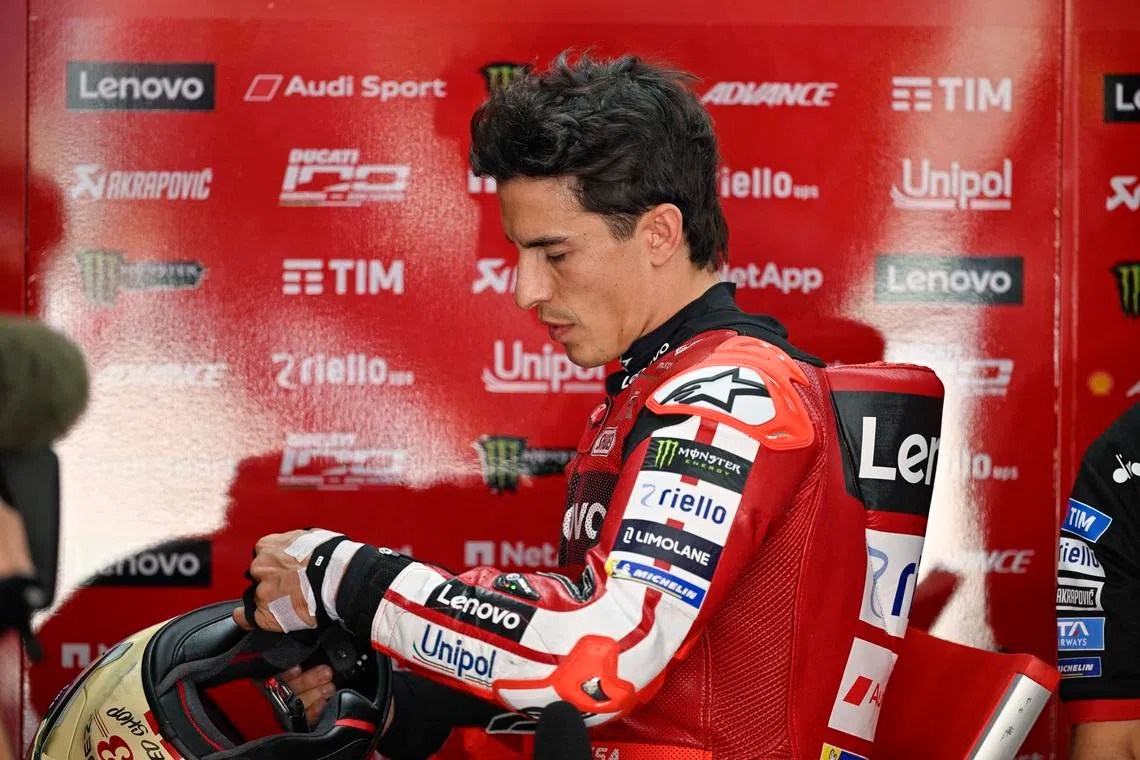 Mar 29, 2026; Austin, TX, USA; Ducati Team Marc Marquez (93) looks on looks on before the start of the 2026 MotoGP Red Bull Grand Prix of the United States at Circuit of The Americas Austin. Mandatory Credit: Jerome Miron-Imagn Images/File photo