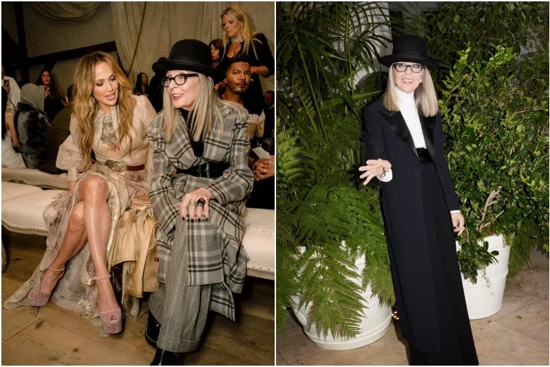 Jennifer Lopez (left) and Diane Keaton attend the Ralph Lauren fashion show in New York on Sept 9, 2023. Diane Keaton at a Ralph Lauren fashion show (right) in San Marino, California, in October 2022. 