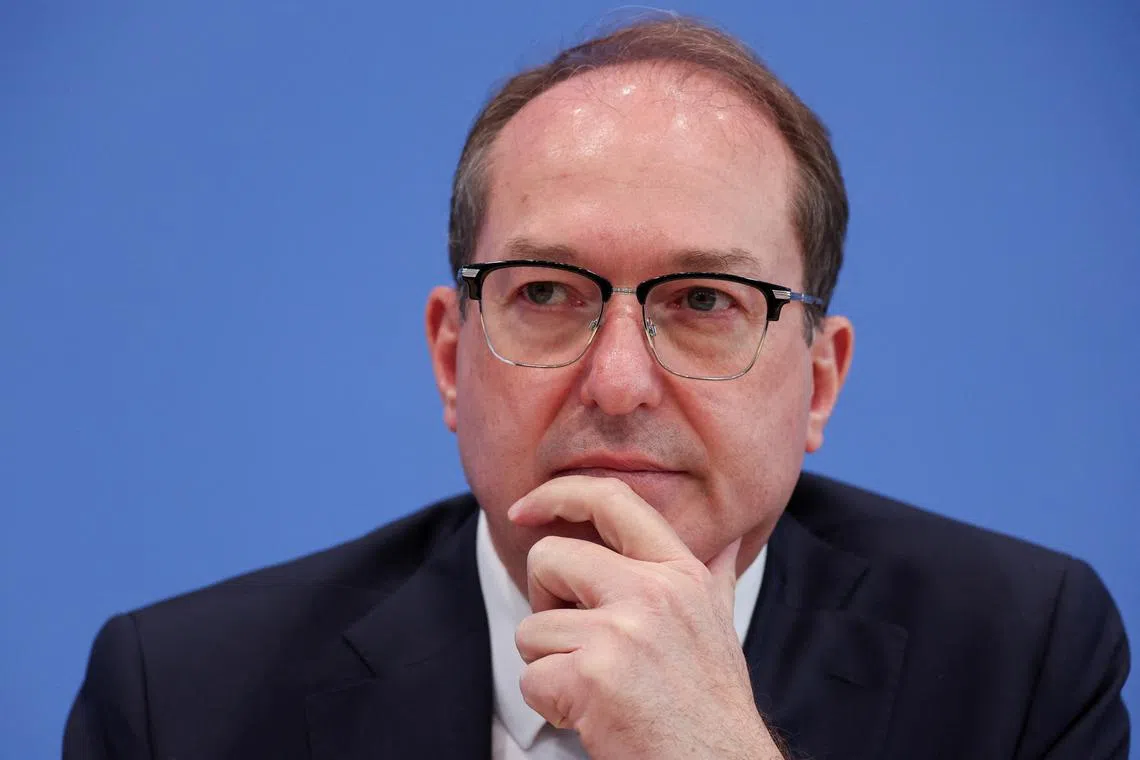 FILE PHOTO: Germany's Interior Minister Alexander Dobrindt and Sinan Selen, Vice-President of the German Federal Office for the Protection of the Constitution (not pictured), attend a press conference to present the 'Constitution Protection Report 2024' in Berlin, Germany June 10, 2025. REUTERS/Fabrizio Bensch/File Photo