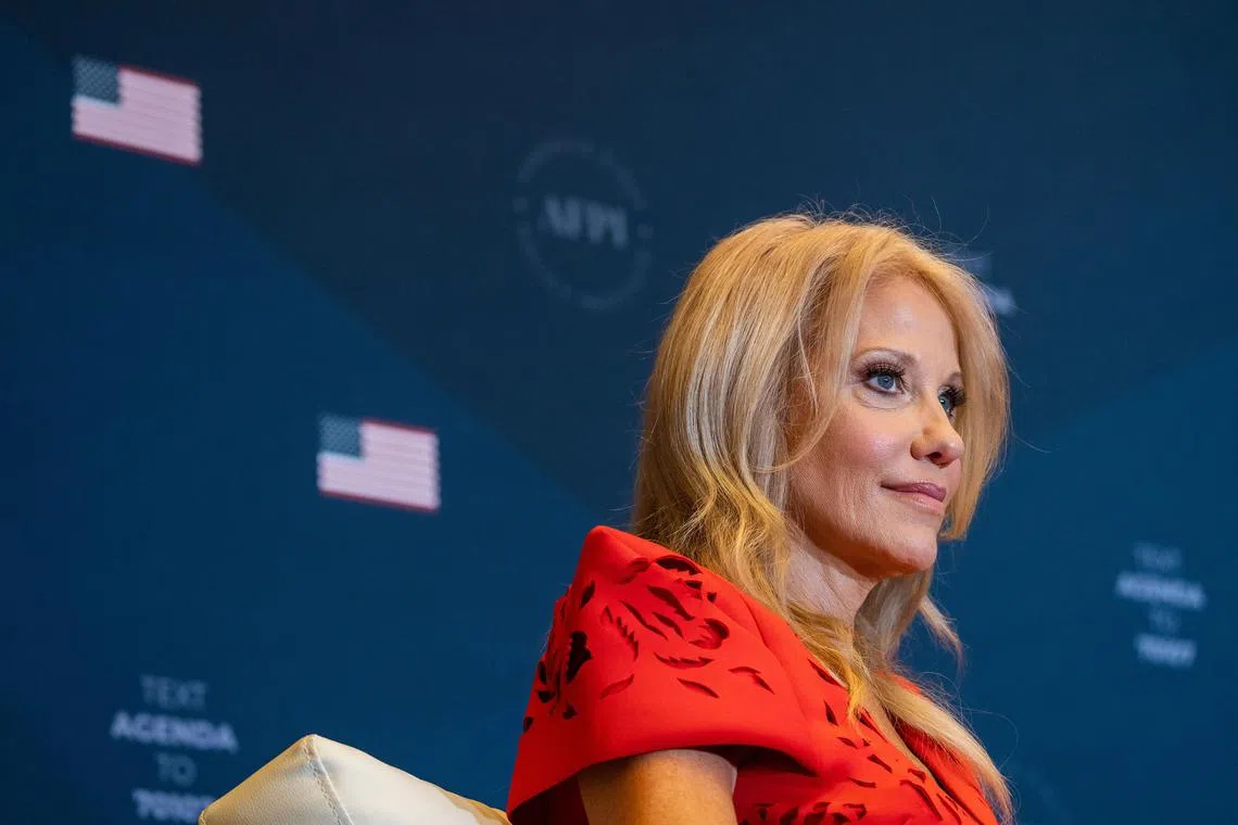 FILE— Kellyanne Conway, a former senior counselor to former President Donald Trump, speaks at the America First Policy Institute Summit at the Marriott Hotel in Washington, July 26, 2022. Conway, who managed the final months of Donald Trump’s 2016 campaign, met with prosecutors from the Manhattan district attorney’s office on Wednesday, March 1, the latest sign that the office is ramping up its criminal investigation into the former president. (Haiyun Jiang/The New York Times)