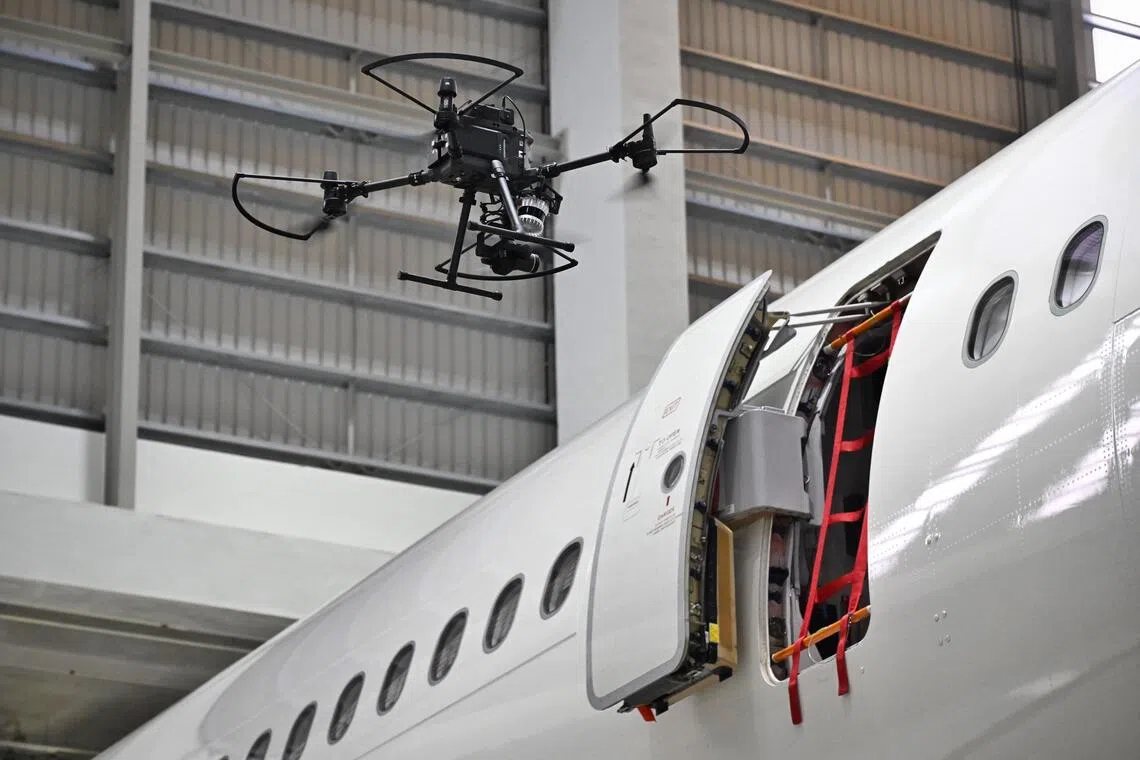 Deploying drones at the facility reduces the need for technicians to climb onto scaffolding or lifts to conduct manual visual inspections of the top of the aircraft.
