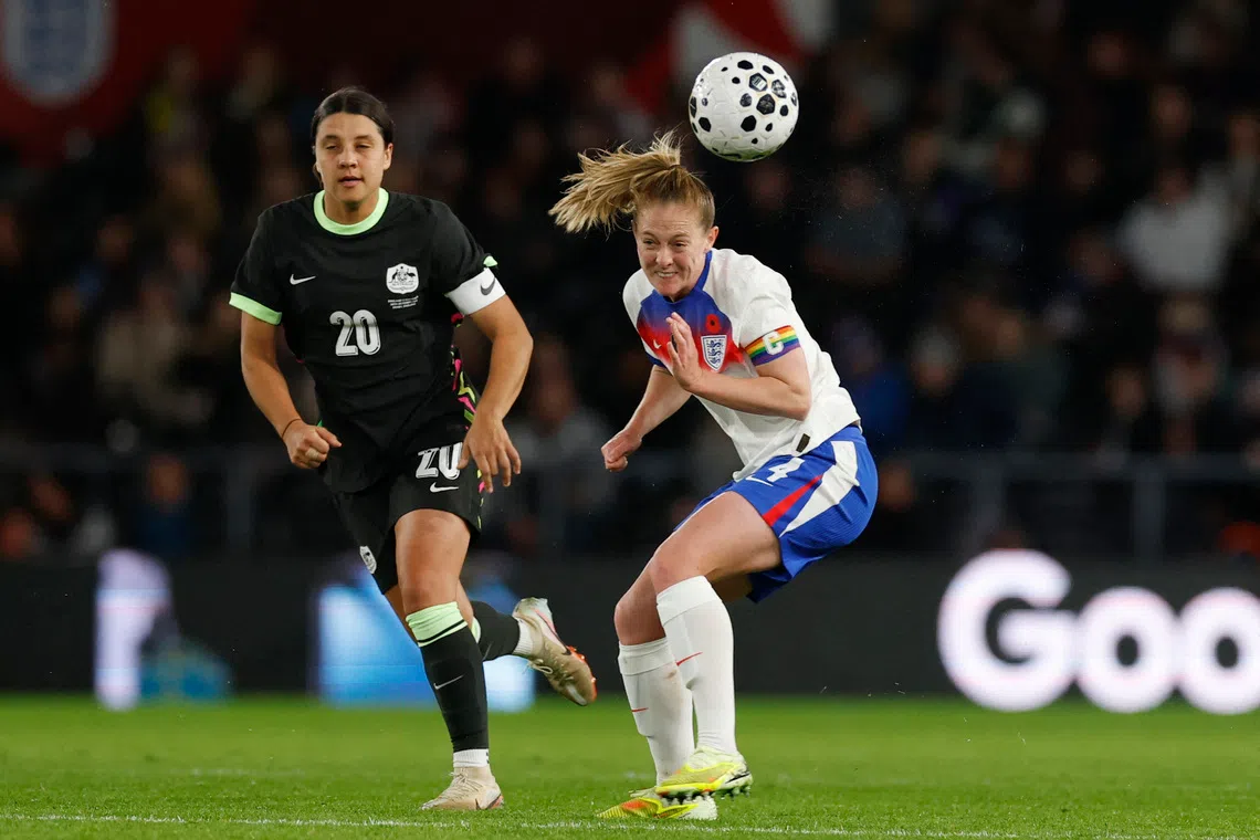Soccer - Women's International Friendly - England v Australia - Pride Park, Deby, Britain - October 28, 2025 Australia's Sam Kerr in action with England's Keira Walsh Action Images via Reuters/Jason Cairnduff