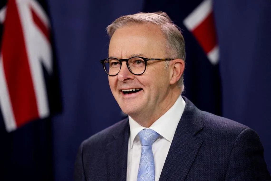 FILE PHOTO: Australian Prime Minister Anthony Albanese addresses members of the media during a joint news conference hosted with New Zealand Prime Minister Jacinda Ardern, following their annual Leaders’ Meeting, at the Commonwealth Parliamentary Offices in Sydney, Australia, July 8, 2022. REUTERS/Loren Elliott/File Photo