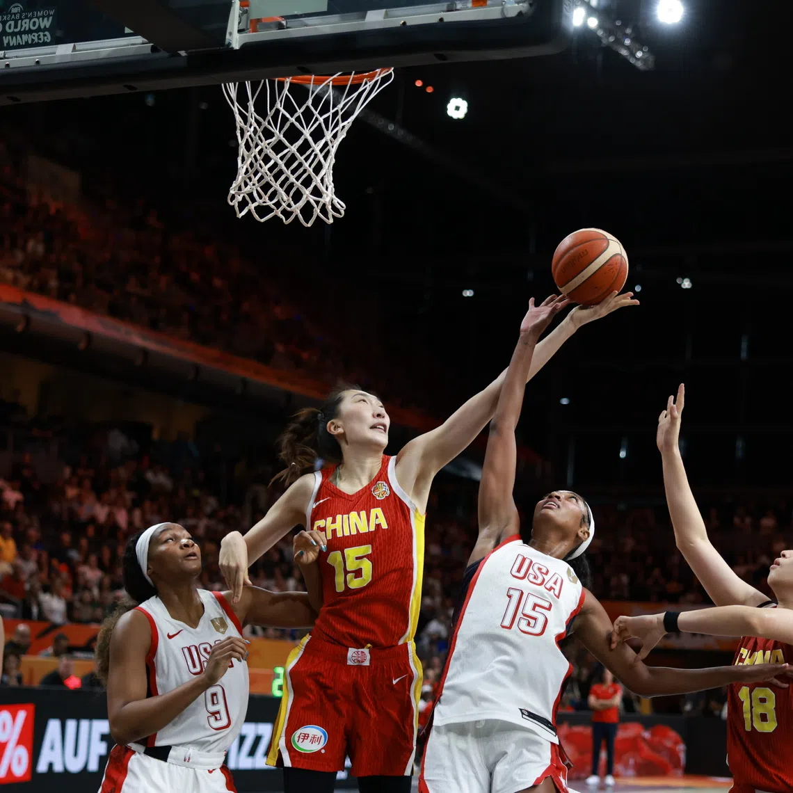 Angel Reese of the US (centre-right) in action against China’s Han Xu (centre-left) during the 2026 FIBA Women’s Basketball World Cup match at the Max-Schmeling-Halle venue in Berlin, Germany.
