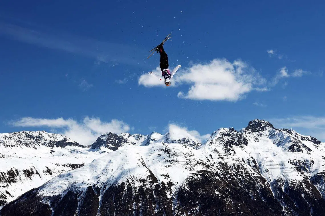 China's Mengtao Xu in action at the FIS Freestyle World Ski Championships in St. Moritz, Switzerland, March 27, 2025.