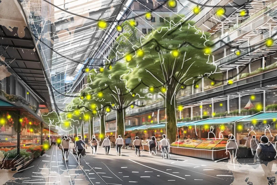 An artist’s impression of the revitalised Tampines regional centre. The new infrastructure in the masterplan includes a pedestrian route between Tampines MRT station and the malls in the town.
