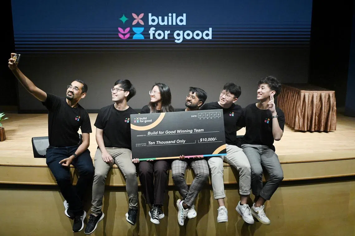 Team Renesan : TrashAway:
From left : 
Shreyas Rao ; 
Remus Kwan ; 
Chiam Jing Ru ; 
N Vijay Narayanan ; 
Chen Jun Hong and 
Zechary Au



Finale of Build for Good, a month-long hackathon designed to empower citizens in Singapore to develop innovative solutions that address pressing public good issues. The 13 teams of 60 builders will address issues related to scams, mental well-being, environmental sustainability, and elderly care.
