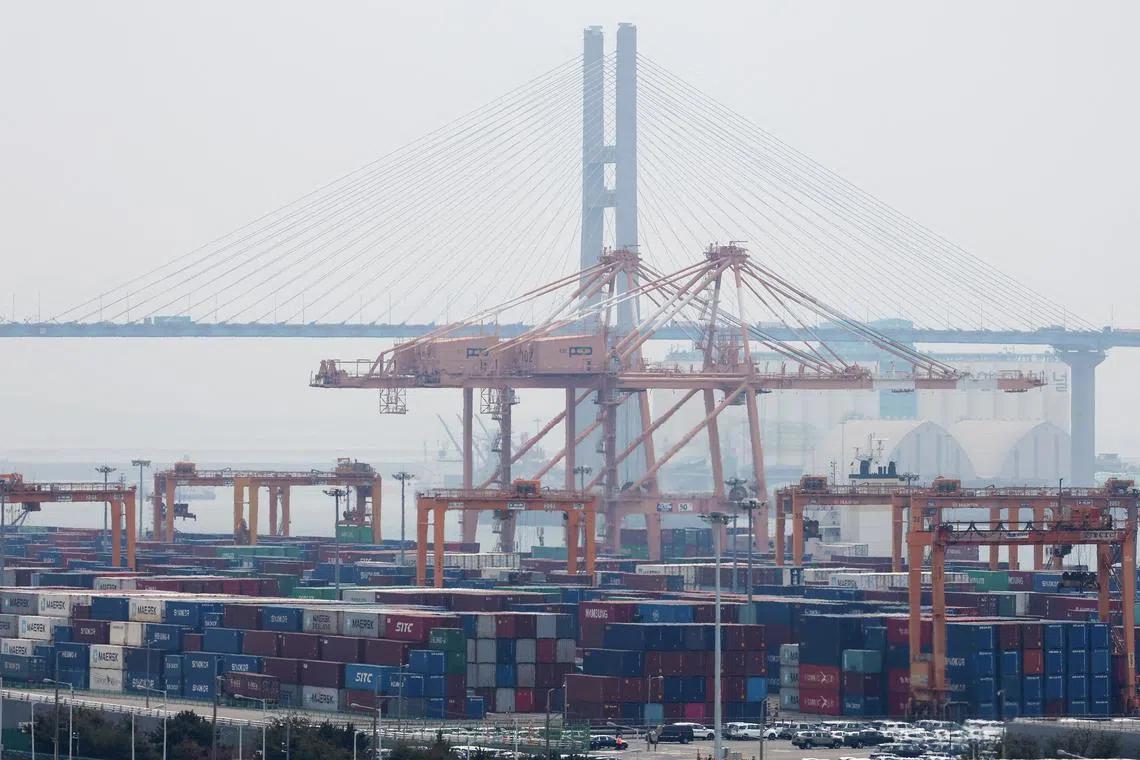 FILE PHOTO: Cranes and shipping containers are seen at Pyeongtaek port in Pyeongtaek, South Korea, April 2, 2025.   REUTERS/Kim Hong-Ji