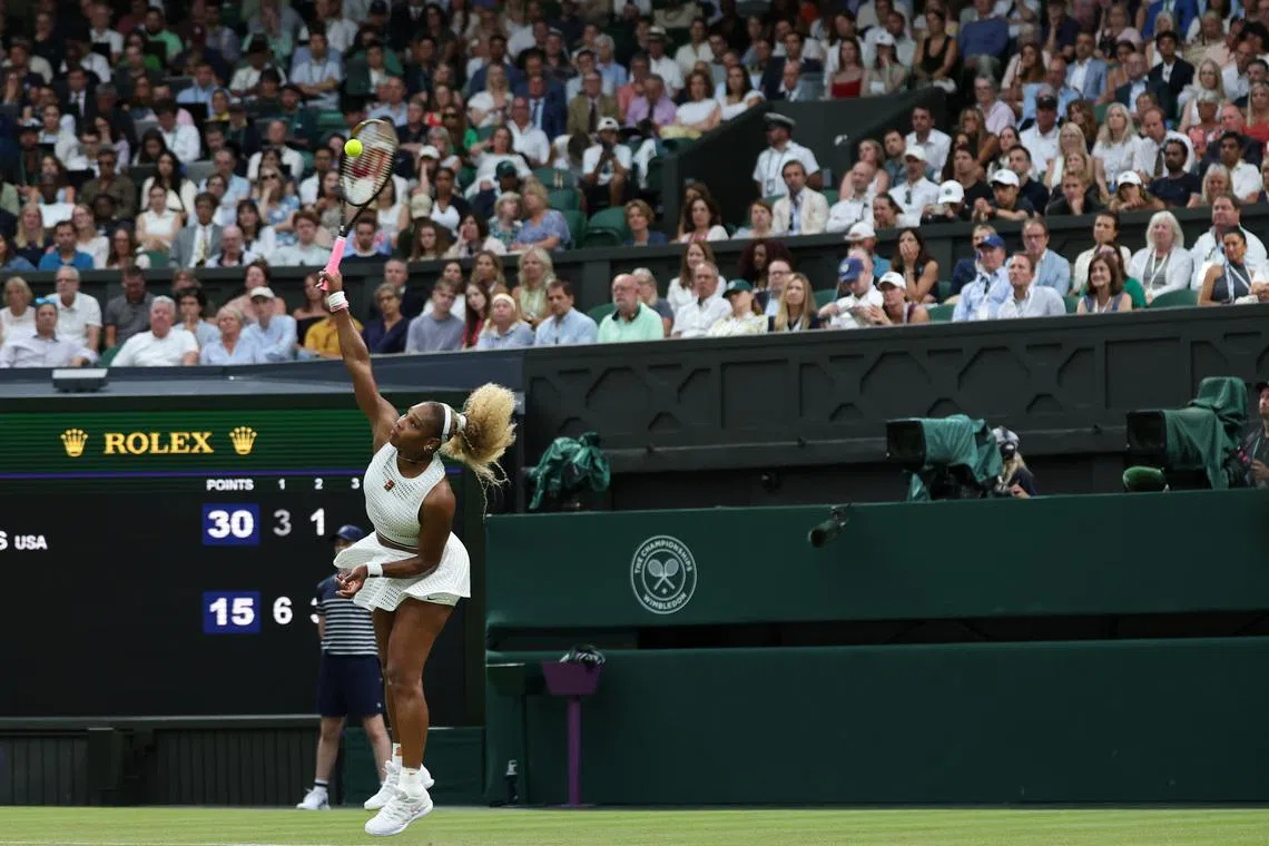 Jun 30, 2026; London, United Kingdom; Serena Williams (USA) serves against Maya Joint (AUS) (not pictured) on day two of The Championships Wimbledon 2026 at All England Lawn Tennis and Croquet Club. Mandatory Credit: Geoff Burke-Imagn Images