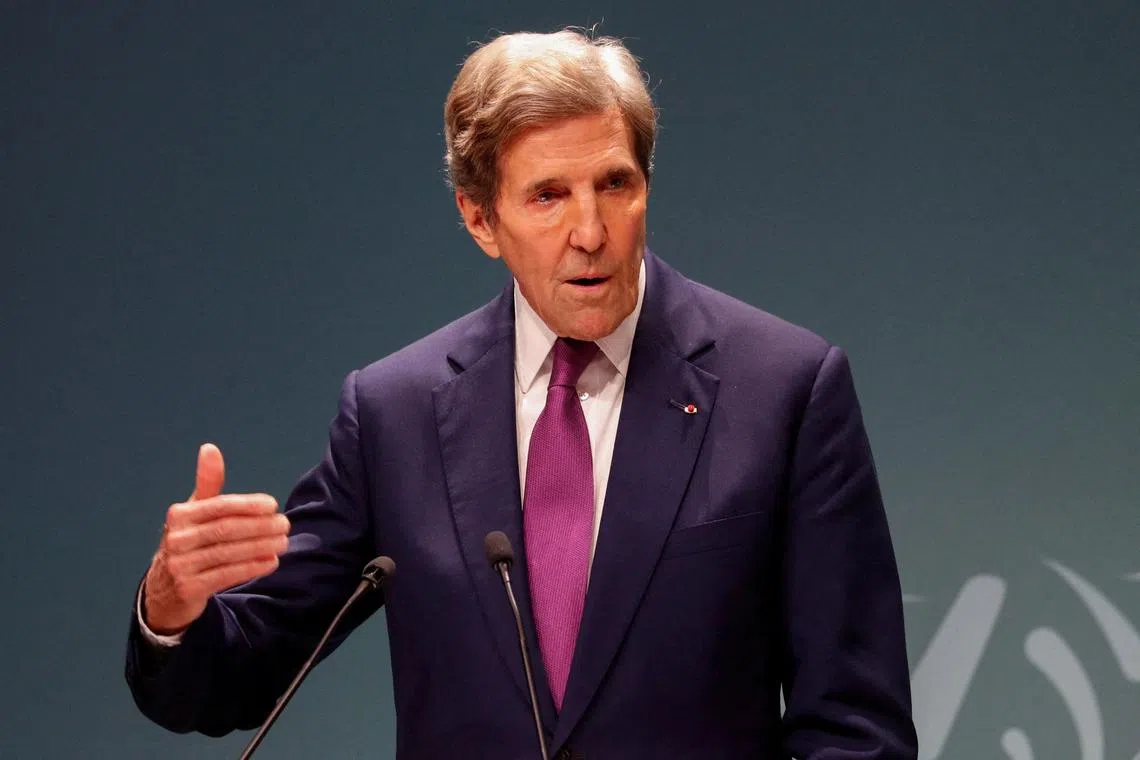 FILE PHOTO: U.S. Special Presidential Envoy for Climate John Kerry speaks during a press conference, at the United Nations Climate Change Conference (COP28) in Dubai, United Arab Emirates December 6, 2023. REUTERS/Thomas Mukoya/File Photo