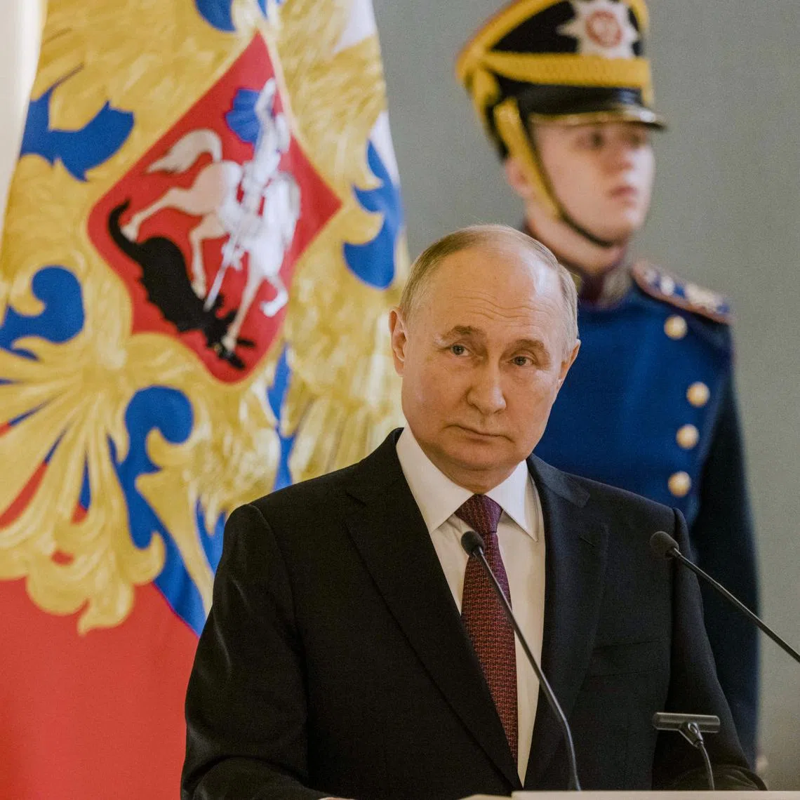 FILE — Russia’s President Vladimir Putin speaks at the Grand Kremlin Palace in Moscow, March 20, 2024. In a vaguely worded threat, Putin declared on Friday, June 28, 2024, that Russia would produce new intermediate-range nuclear-capable missiles and then decide whether to deploy them within range of NATO nations in Europe and American allies in Asia. (Nanna Heitmann/The New York Times)