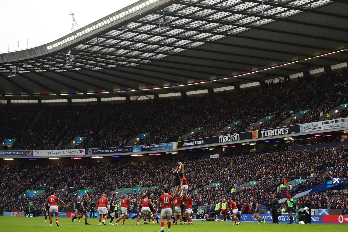 Rugby Union - Autumn Internationals - Scotland v Tonga - Murrayfield Stadium, Edinburgh, Scotland, Britain - November 23, 2025 General view of Scotland's Andy Christie in action during a lineout REUTERS/Russell Cheyne