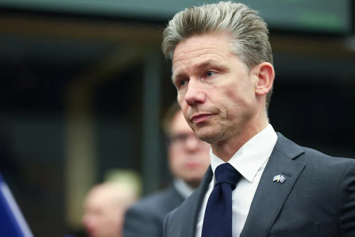 Sweden's Minister of Defence Pal Jonson attends a meeting of the Ukraine Defense Contact Group on the eve of a NATO defence ministers' meeting at the alliance's headquarters in Brussels, Belgium February 12, 2025. REUTERS/Johanna Geron/File Photo