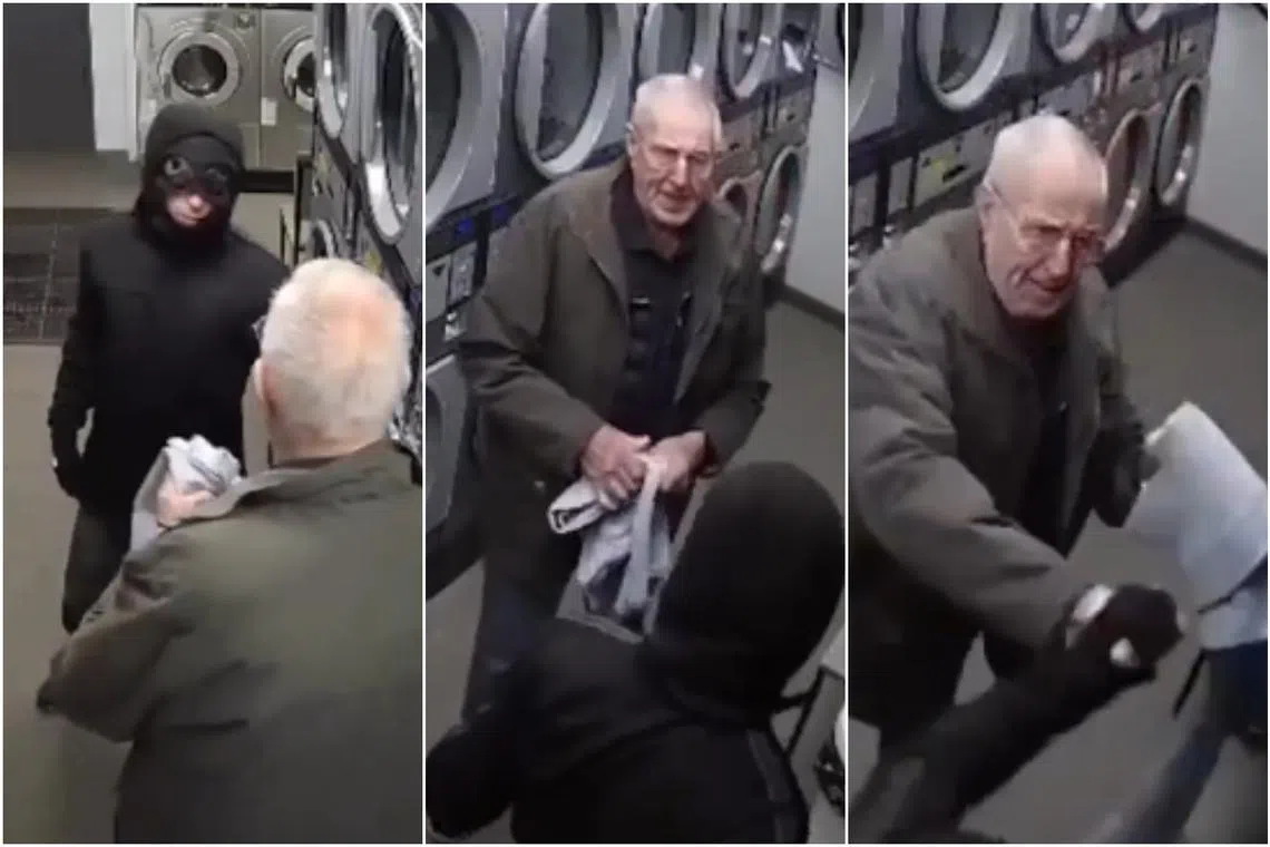 The altercation showed Mr Ron Croker grabbing a folded jeans, wrapped it around his arm and shoved the attacker out.  